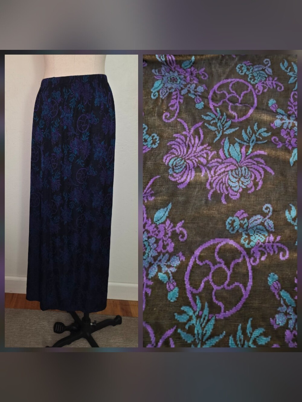 Vintage 1990s Citiknits Black Purple Turquoise Printed Maxi Skirt